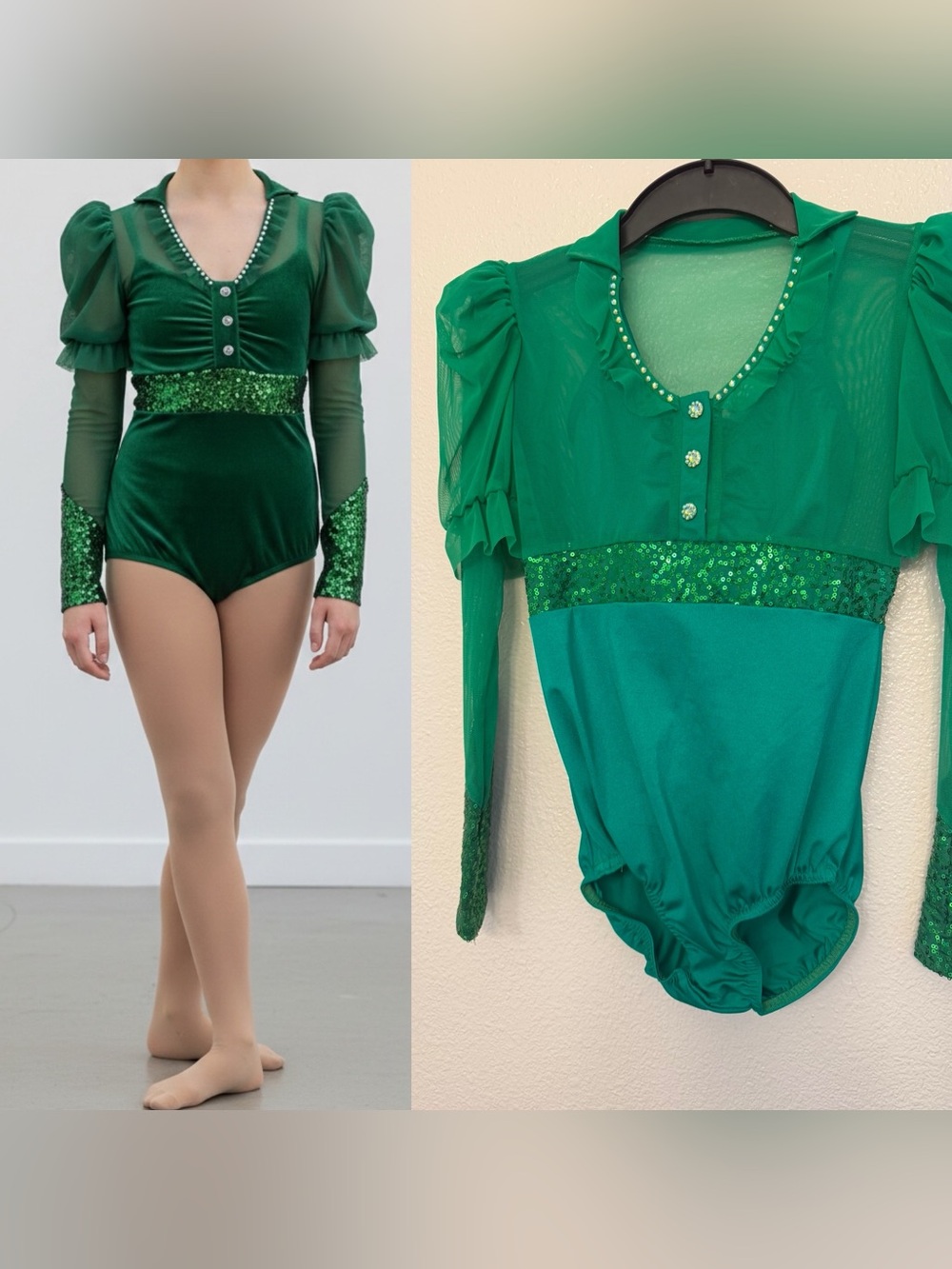 Kelle Dance costume solo green mesh illusion long sleeve leotard LC-large child